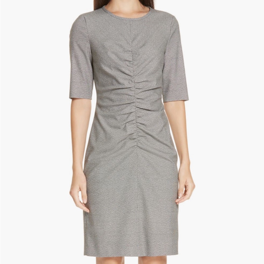 Boss Dirafia Blurred Optic Ruched Short Sleeve Midi Dress